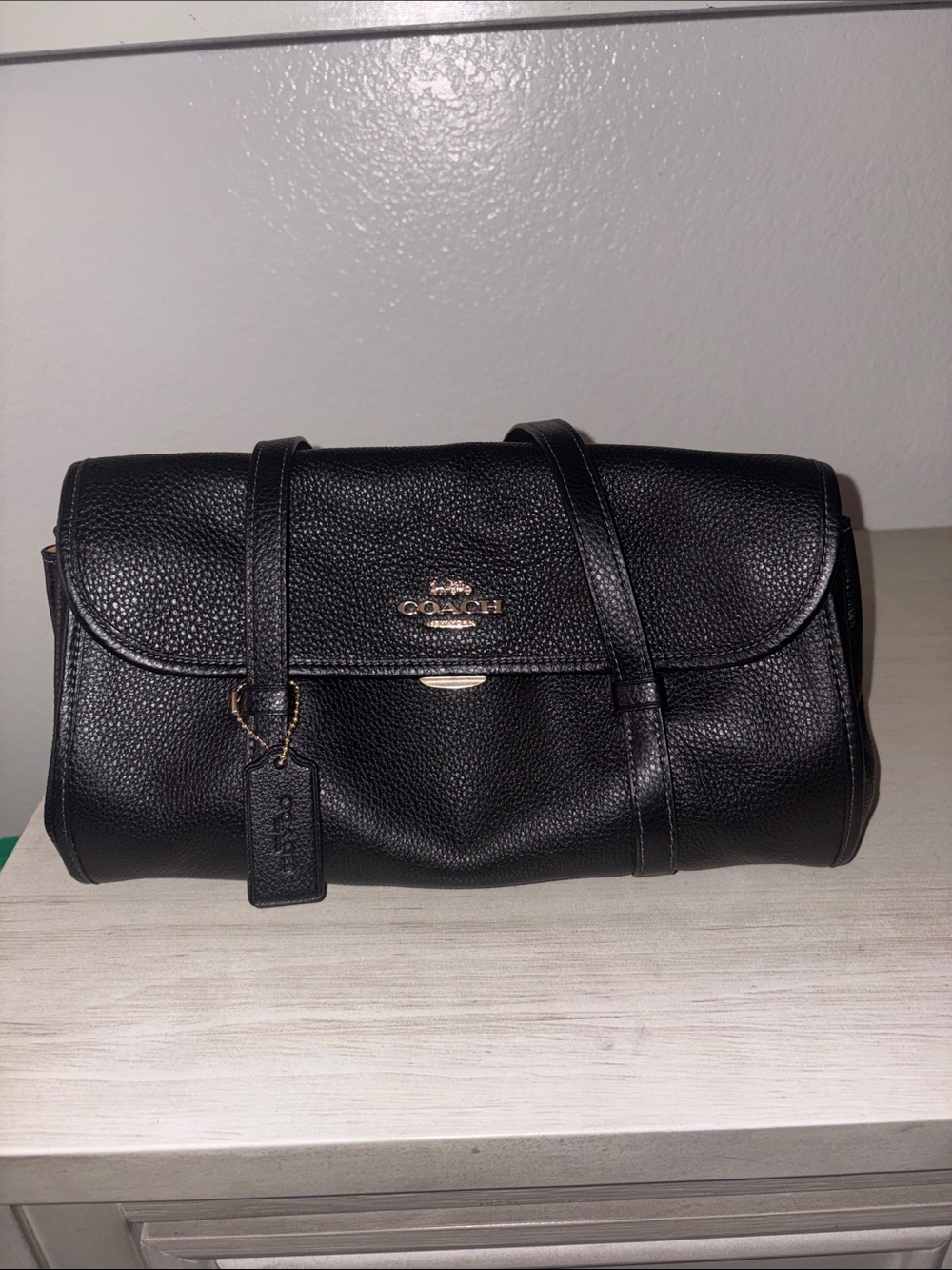 Coach Black Pebbled Leather Flap Shoulder Bag with Gold Accent